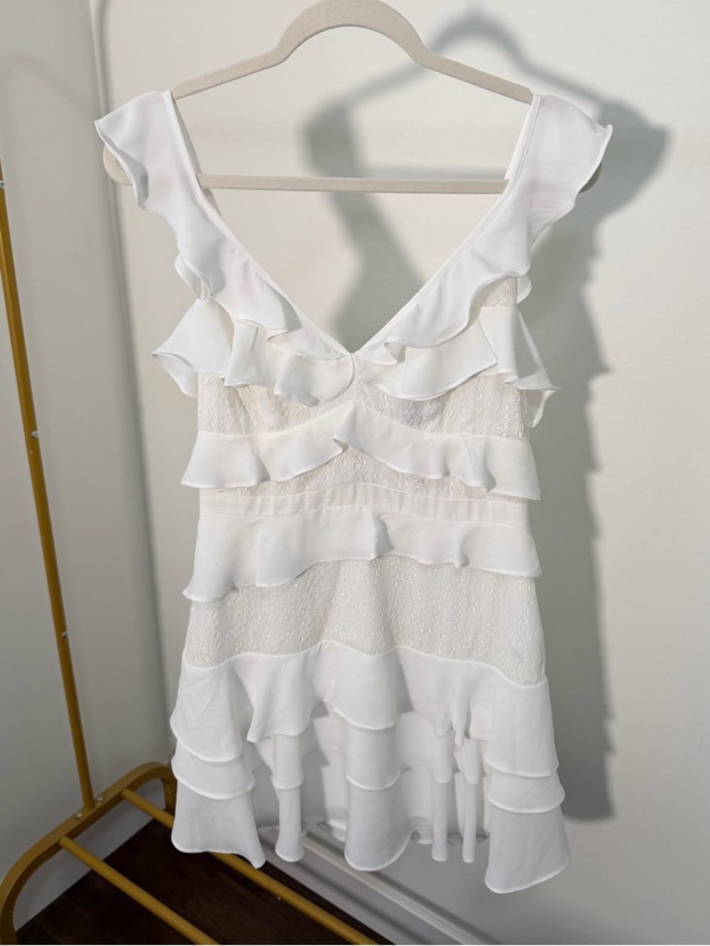 Bardot White Ruffle V-Neck Tiered Mini Dress